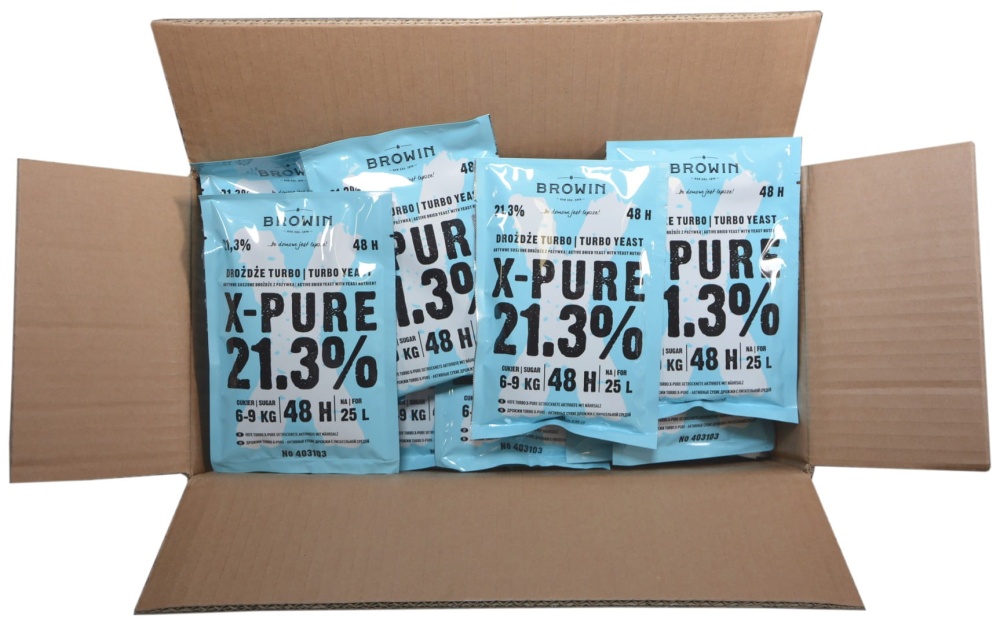 brazowe pudełko kartonowe z saszetkami drożdzy gorzeniczych w błekitnym kolorze Nazwa drożdży X-Pure frimy Browinx-pure_40szt_box.
