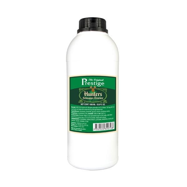 Biała litrowa butelka zaprawki do alkoholu Prestige Hunters Schnapps Essence (likier ziołowy).