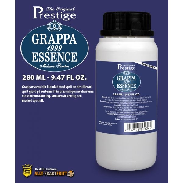 80034 Zaprawka PRESTIGE GRAPPA w białej plastikowej butelce 280ml z czarną zakretką. na tle granatowa etykieta, ktora również znajduje się na butelce z produktem.