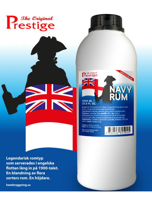 Grafika reklamowa zaprawki Prestige Navy Rum 1000 ml z motywem brytyjskiej marynarki wojennej.