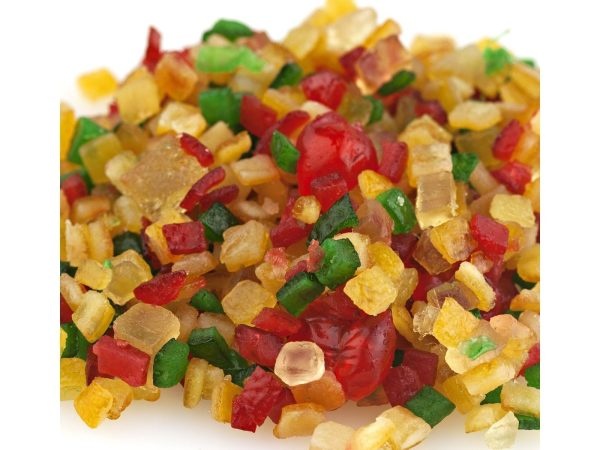 skorki kandyzowane mix, mieszanka keks kolorowa owoców ,usypane w kopiec 100gr