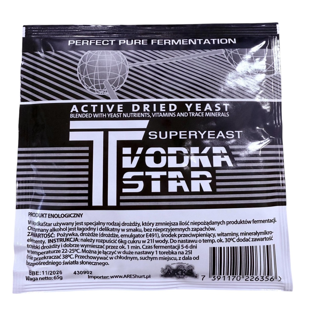 T_VODKA STAR. saszetk drozdzy w czarno białym kolorze
