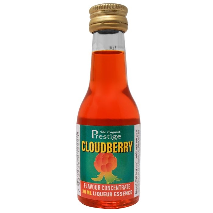Szklana buteleczka 20 ml zaprawki do alkoholu Prestige Cloudberry Dzika Malina Moroszka na białym tle.