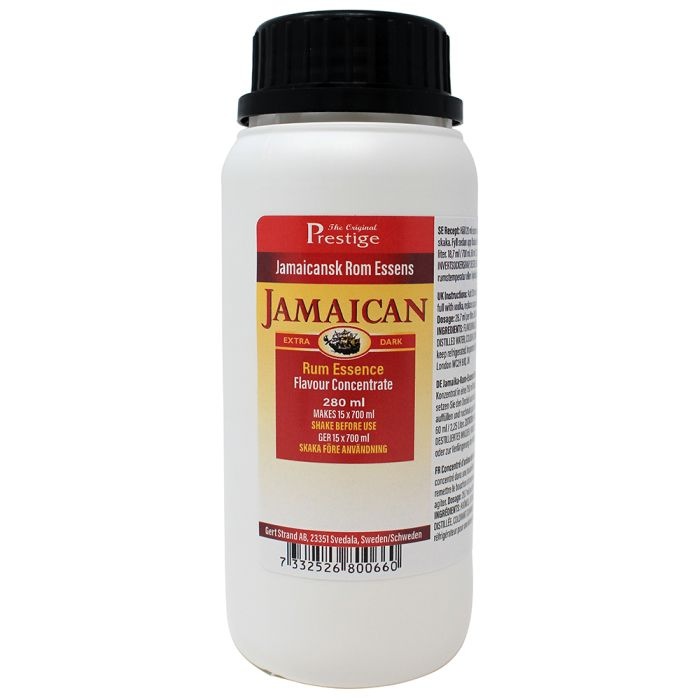 Biała butelka zaprawki do alkoholu Prestige Jamaican Extra Dark Rum o pojemności 280 ml.