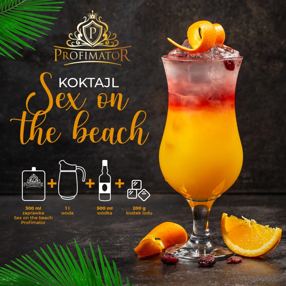 Piękny pomarńczowo-żurawinowy drink na czarnym tle z instrukcją jak zrobić drinka z tą bazą.