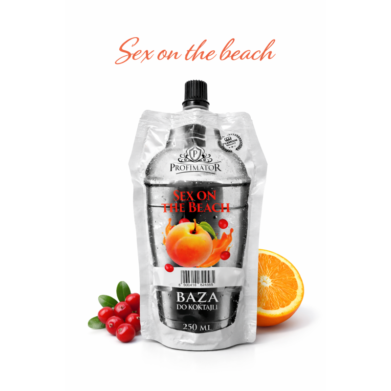 saszetka z bazą do drinków o nazwie sex on the beach. Obok saszetki leżą owoce żurawiny oraz połówka pomarańczy.
