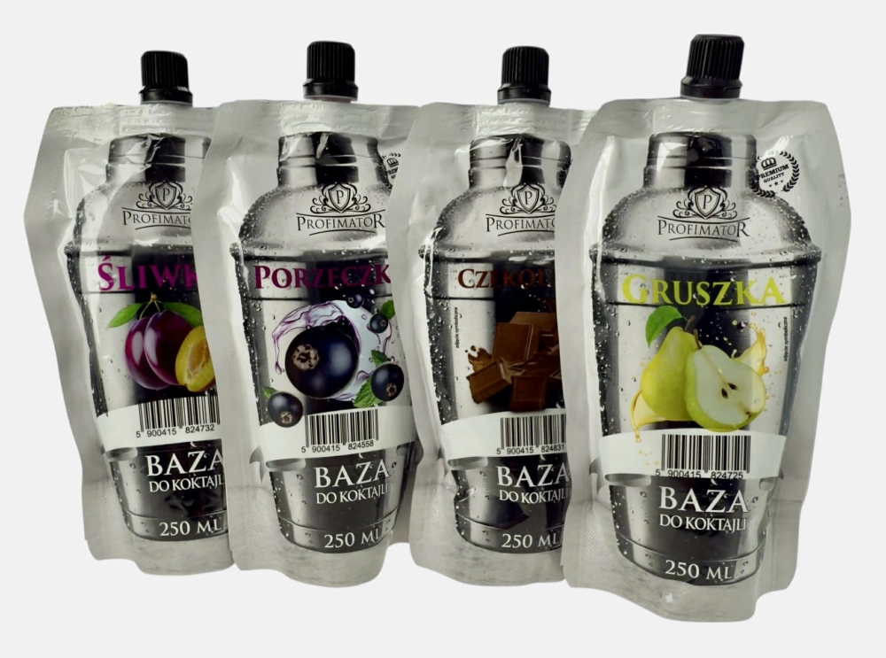 zdjęcie pogladowe róznych saszetek z bazami do drinków.