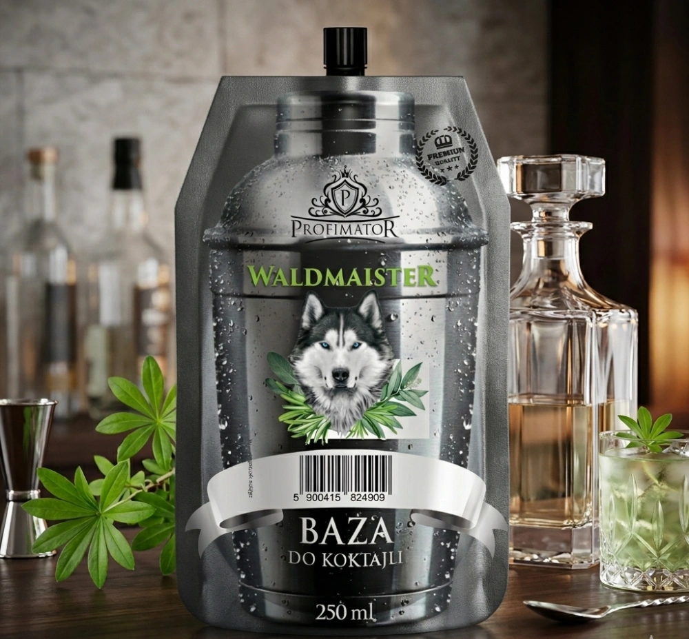 Kompozycja szara saszetka z ziołowa bazą do drinków, kieliszek z trunkiem oraz listki ziół.