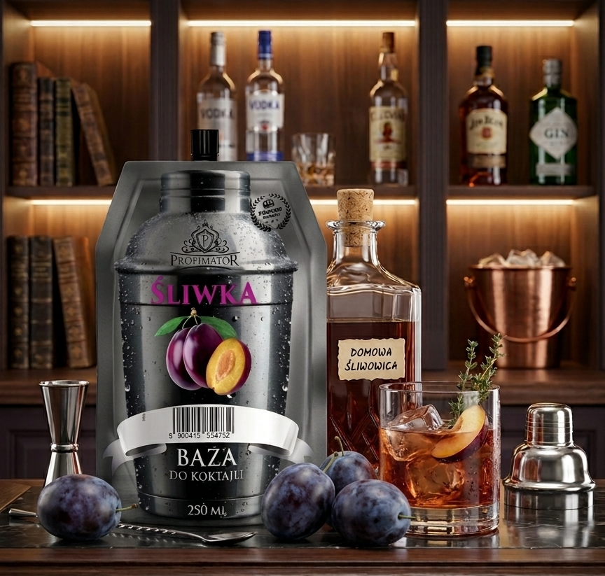 barowe zdjęcie saszetki z bazą do drinków. Obok saszetki leżą śliwki. Za saszetką w szklane do whisky jest drink z słomkowym kolorze oraz ozdobna karafka z napisem domowa sliwowica
