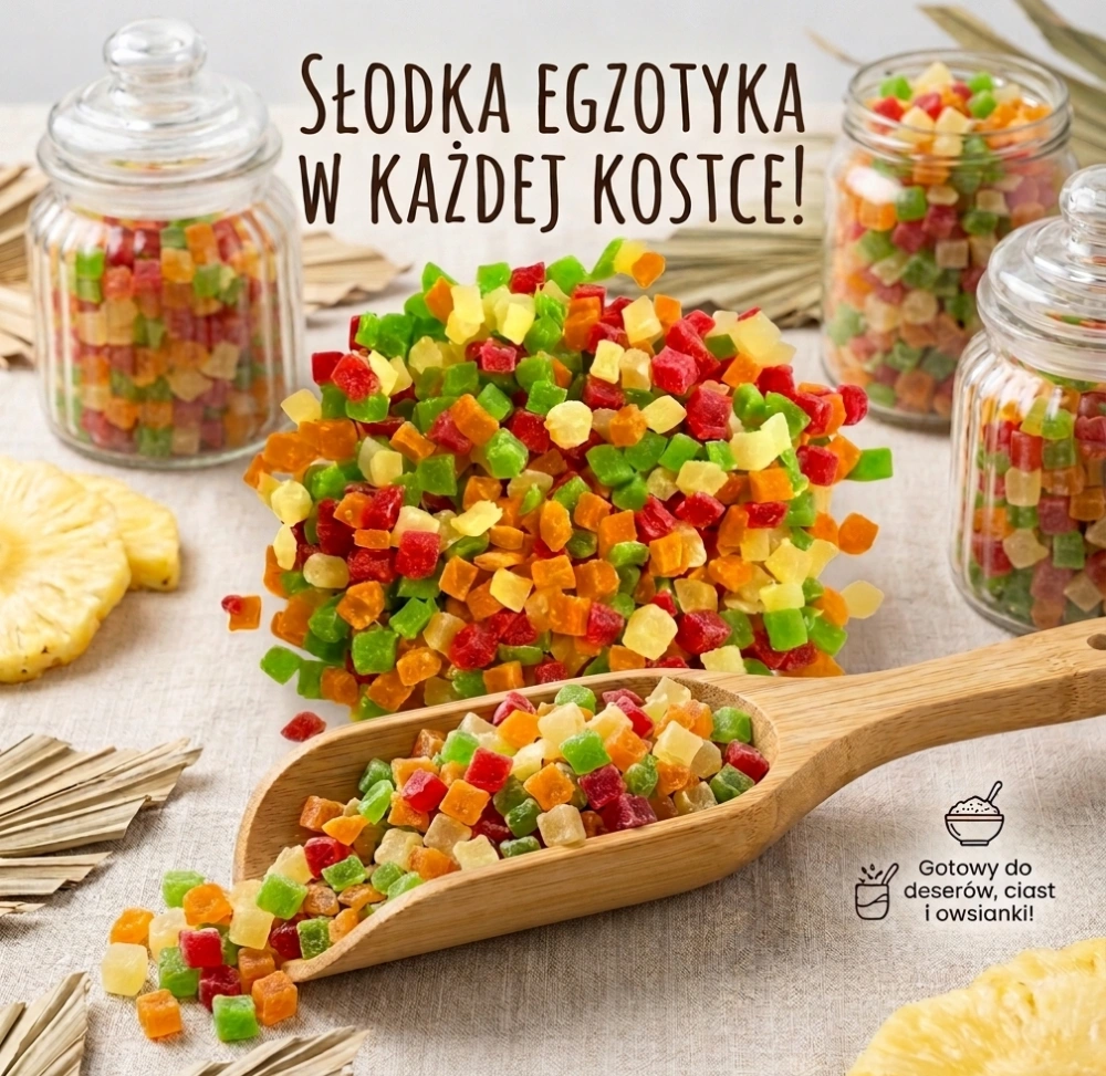 anans kandyzowany  w różnych kolorach, kostki około pół centymetra zółte, zielone, czerwone i pomarańczowe  - kompzycja owoce na drewnianej łyżce, w tle ozdobne słoiki z tymi  owocami