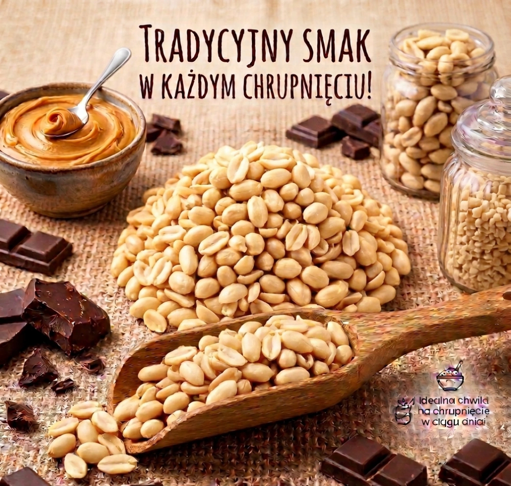 orzechy ziemne usypane w górkę obok drewniana szufeleczka z orzechami, wszystko ułożone na grubym worku jutowy, obok jako dekoracja kostki czekolady i miseczka karmelu oraz ozdobne słoje z orzeszkami