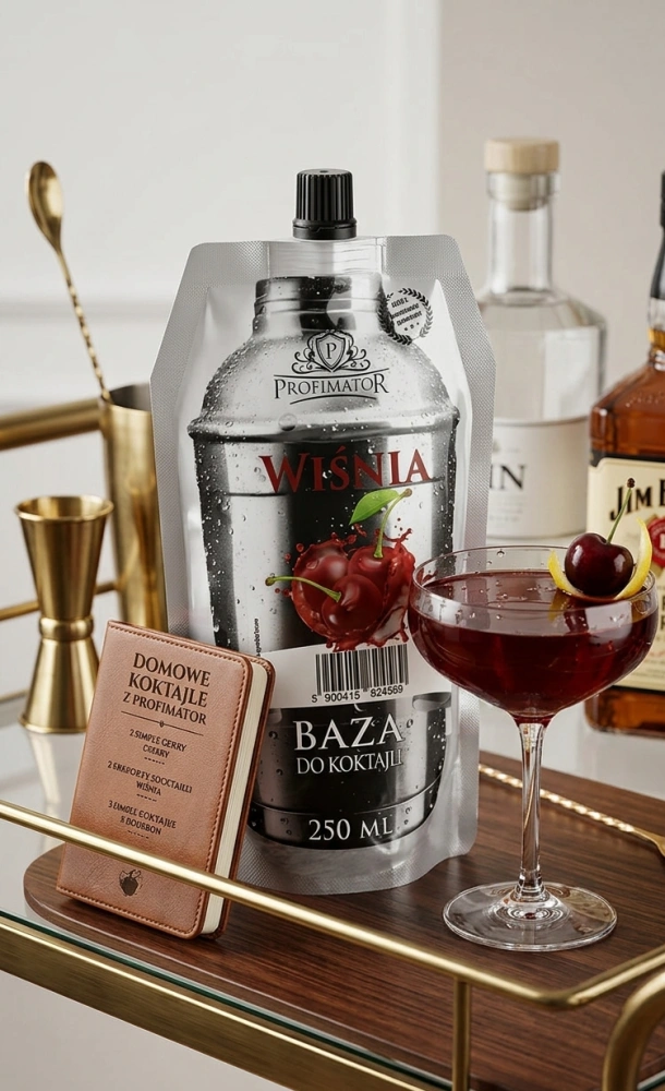 Saszetka 250ml z bazą do drinków o smaku szarlotki. Obok saszetki  stoi kieliszek z czerwonym napojem.