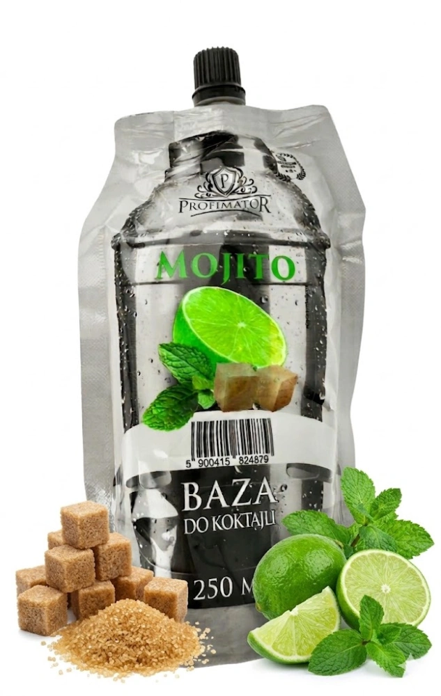 Saszetka 250ml z bazą do drinków o smaku Mojito. Obok saszetki  leży brązowy cukier, limonka i listki mięty.