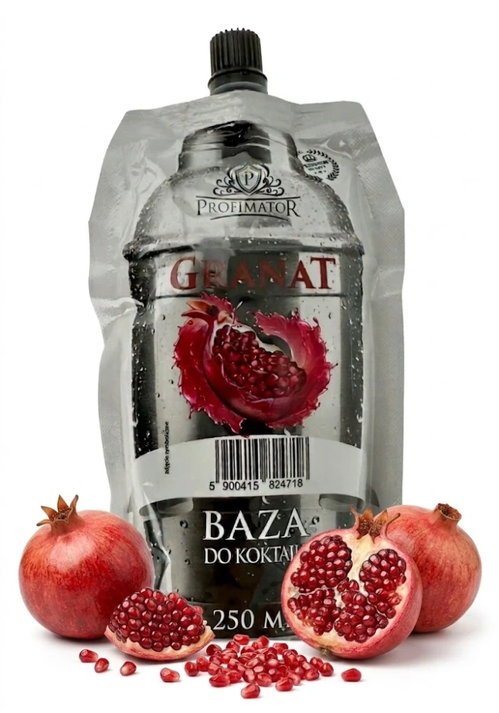 Saszetka 250ml z bazą do drinków o smaku  granatu, obok saszetki owoce granatu.