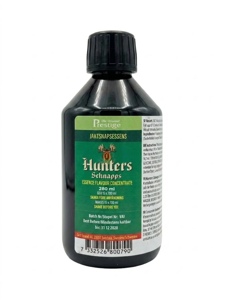 Ciemna butelka zaprawki do alkoholu Prestige Hunters Schnapps o pojemności 280 ml.Na przodzie butelki znajduje się zielona etykieta.