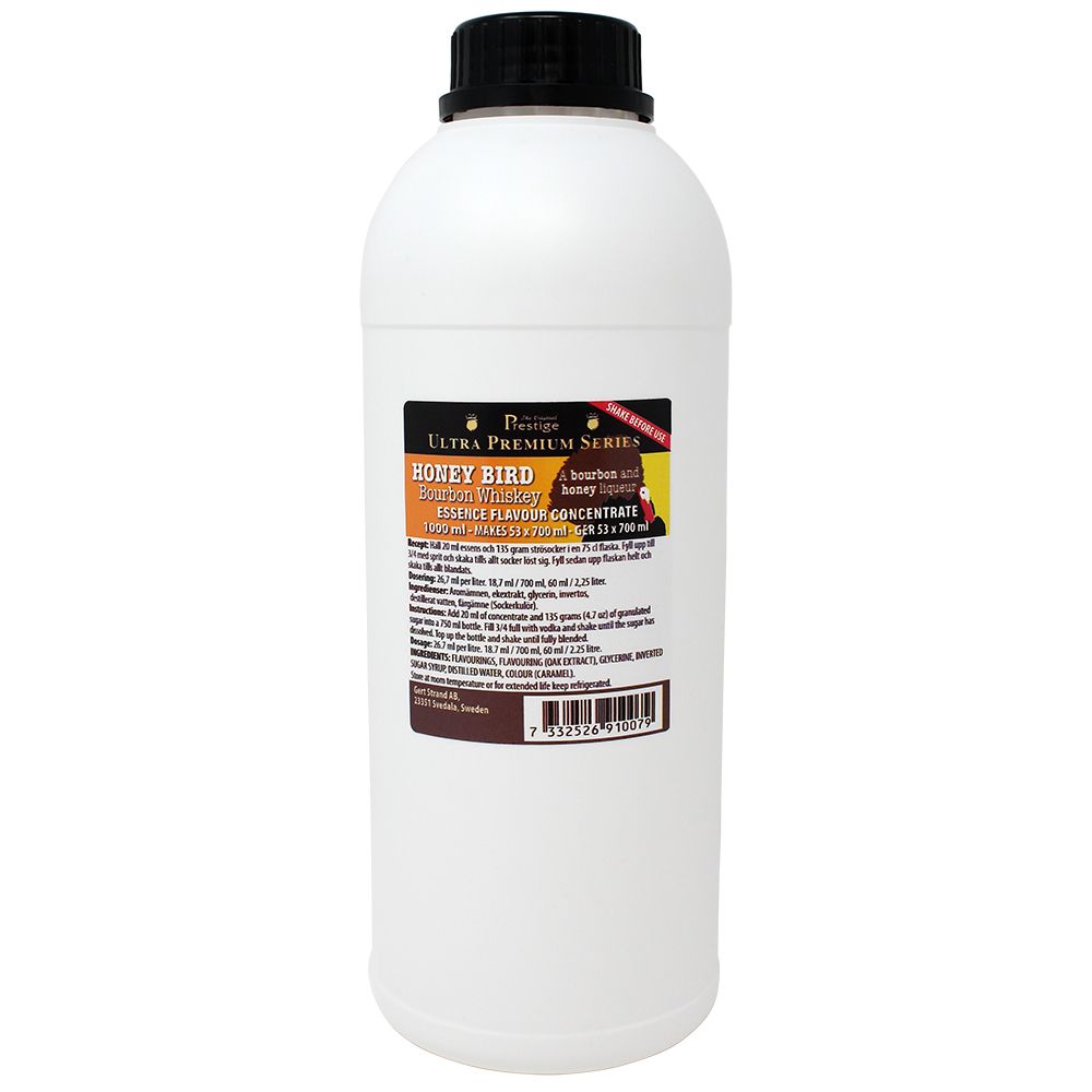 91007-biala plastikowa litowa butelkaz zaprawką do alkoholu z czarna zakretką, oklejona etykietą z nazwą zaprawki prestige  HONEY BIRD BOUBON - etykieta z wizerunkiem indyka