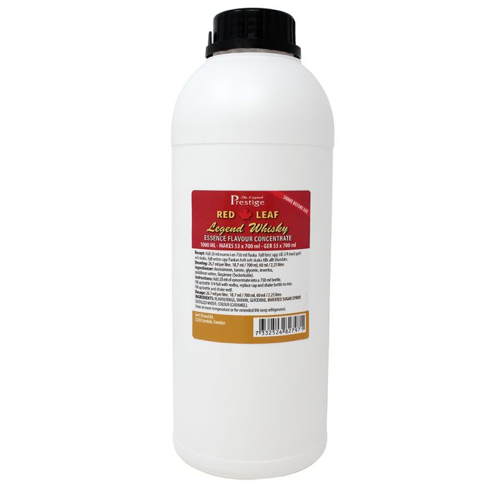 82797Duża biała plastikowa butelka z czarną zakretką. Zawarość butelki to zaprawka do alkoholu RED LEAF LEGEND Whisky 1 litr.