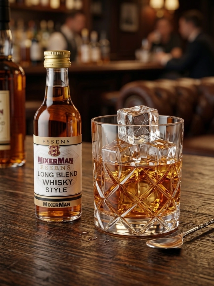 Zaprawka MixerMan w scenerii barowej ze szklanką whisky na lodzie.