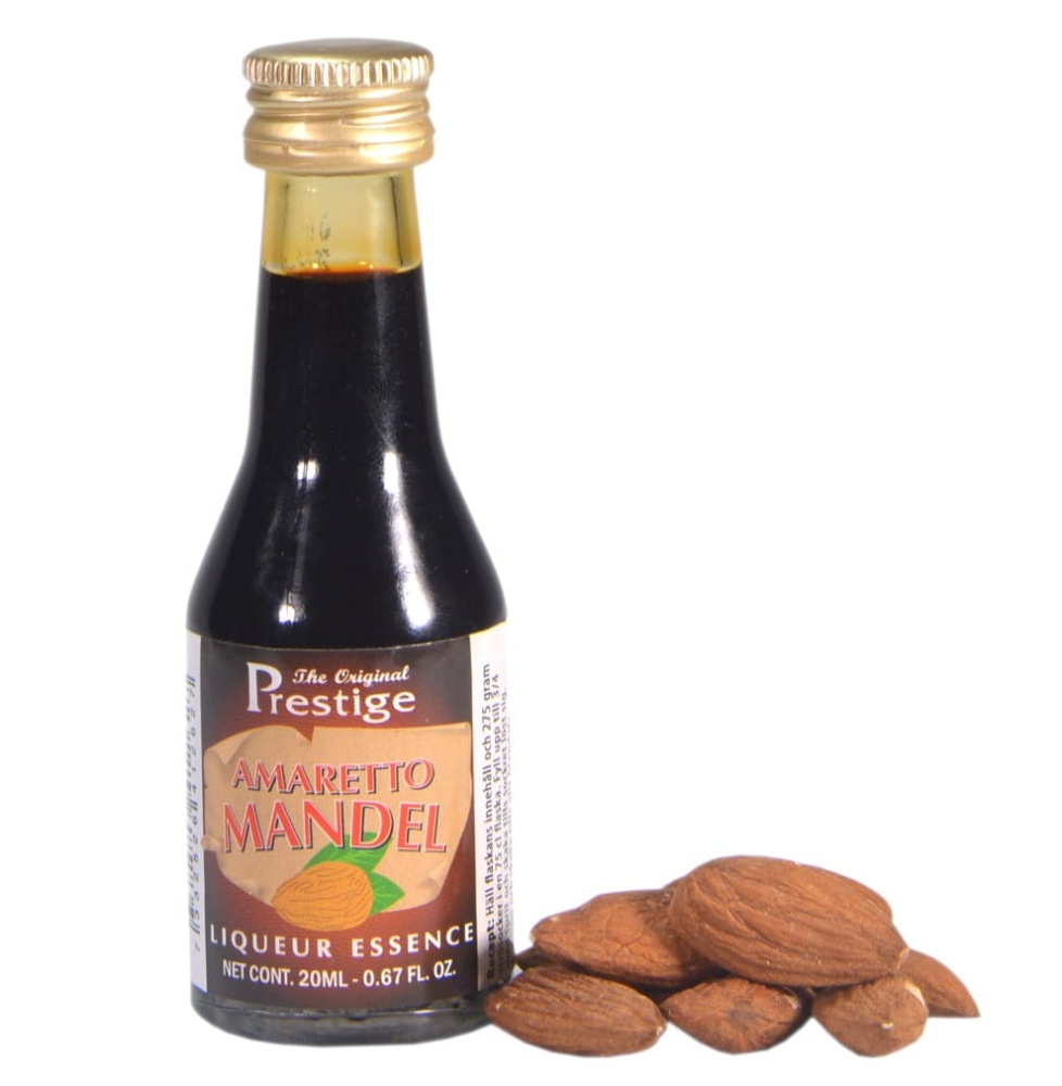 Buteleczka 20 ml zaprawki do alkoholu Prestige Amaretto Likier Migdałowy z bordowo-złotą etykietą na białym tle. Obok nuteleczki rozsypane sa migdały.